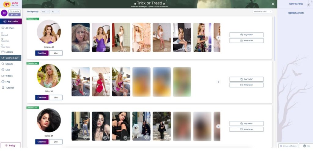 Sofia Date page with profiles