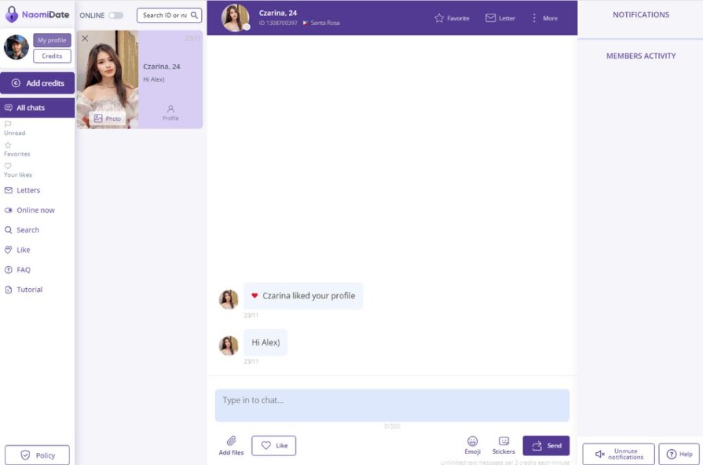 Chat feature on NaomiDate